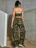 Damesbroek Capris Dames Fashion American Retro Street Camo-print V-hals gewashanger Top en Flap Pocket Wide Leg broek Laadset van 2 C240411