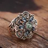 WBMQDA Heiße Vintage -Ringe für Frauen grau Kristall hohl geschnitzte Blume Antike Goldfarbe Feine Hochzeit Schmuck tägliche Accessoires