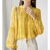 Women's Blouses Shirts 2023 New Spring Loose Size Fashion Trend Yellow Fragmented Flower Imitation Silk Lantern Sleeve Set Leading Womens Style Shirt 240411