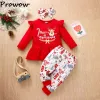 Trousers Prowow 03Y Baby Girl Christmas Outfit For Kids Ruffles Red Tshirts+Pants+Headband My First Christmas Toddler New Year Costume