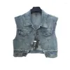 Coletes femininos retro borda de peles ombro acolchoado jaqueta jeans design curto design primavera/verão solto