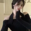 Kvinnors tröjor Kvinnor Korean grimma Sexig beskuren High Street Stylish All-Match Solid Red Slim Stickers Off Shoulder Pullovers