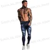 Męskie dżinsy gingtto męskie odcinek naprawa jeansy ciemnoniebieskie hip -hopowe zmartwione super chude, szczupłe fit bawełna wygodna duża rozmiar ZM34 T240411
