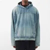 Anpassad pullover jacka bomull dropp axelsten tvättad denim hoodie linje designfickor mens jean med hoodie