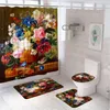 Shower Curtains Vintage Flower Oil Painting Curtain Set Non-Slip Carpet Rug Toilet Cover Bath Mat Floral Butterfly Art Bathroom