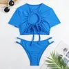 Women's Swimwear Short Sleeve Swimsuit Women 2024 Blue 2 Piece Bikini Sexy Hollow Out Drawstring Pleated High Waist Bathing Suit Summer