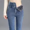 Kvinnors jeans modet termiska vinter tjocka fleece hög midja varm mager kvinnor stretch knapp blyerts byxor mamma casual sammet