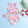 1-6Y Kids Girls Summer Bikinis Swimwear Outfit Sets Ruffle Sleeve Dinosaur Print Tops High Waist Shorts Kids Swimsuits 2PCS