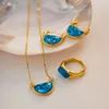 Necklace Earrings Set Blue Resin Pendant Ring For Women 2024 Scalloped Basket Fashion Jewelry Gift