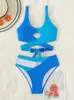 Vigoashely 2024 Blue Patchwork Bikini Set High Waist Hollow Swimsuit Women Sexy Strapped Swimwear Biquinis Push UP Bathing Suit