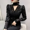 Dresses #8322 Black White Khaki Vintage Short Lace T Shirt Women Sexy Hollow Out Wrap TShirt Female Long Sleeve Thin Turtleneck Tight