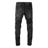 Jeans masculins High Street Rose en cuir rose Patchwork trous patchwork slim fit streetwear Designer Ripped