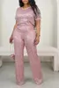 Frauen zwei Stück Hosen Cinessd Platycodon Grandiflorum Französisch Retro Hong Kong Style Kurzarm Pailletten-Gelegenheits-Zweiteiler-Anzug Set