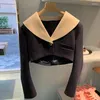 Women's Suits 2024 Spring Women Dark Blue Short Suit Navy Collar Coat Full Sleeve Sexy Pants