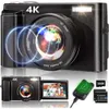 Câmera digital 4K de alta qualidade com foco automático de 48MP para vlogging do YouTube, zoom digital 16x, tela flip, anti-shake, flash, cartão SD, câmera HD compacta, 2 baterias incluídas