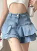 Vintage Woman denim shorts kjolar sommar 2023 streetwear all match tvättade kawaii bollklänning ruffles mini jeans saias femme 240403