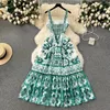 Robes décontractées 2024 Spring Summer Holiday Place Long Robe Boho Femmes Sexy V Neck Neck Green Flower Imprimé Backe Elastic High Waist Robe Vestidos