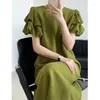 Party Dresses High Street est 2024 Designer Stylish Korea Fashion Women Bubble Kort ärm Square Neck Dress Solid Color C02