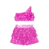 Set di abbigliamento per bambini ragazze 2 pcs da ballo paillettes a una spalla con gonna metallica jazz jazz latino balletto da ballo costume