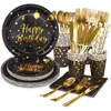 49 st guld dot Happy Birthday Party Cerierware Set Paper Black Paper Plates Serveins Cups For Men Women Birthday Table Seory Decor