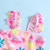 1-6Y Kids Girls Summer Bikinis Swimwear Outfit Sets Ruffle Sleeve Dinosaur Print Tops High Waist Shorts Kids Swimsuits 2PCS