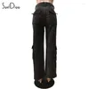 Jeans féminins Soefdioo Fashion Zipper Pocket Front Cargo Lignet Denim Pantmand Femmes 2024 Summer Street Safari Style Straight Pant