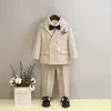 Child Fomal Khaki Suit Set British Style Baby Boys Wedding Birthday Party Performance Costume Kids Blazer Pants Bowtie Clothes