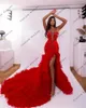 Party Dresses Dubai High Slit Red Ruched Train Mermiad Prom Arabic Crystal Sparkly Dress Evening Long Luxury 2024 GOWN