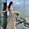 Lässige Kleider Frauen Tinte gedruckt Chiffon Midi Kleid Vintage ärmellose Slim Mode Sommer Boho Rückenless Holiday Beach Vestidos Robe