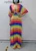 Saia sexy y V vestidos de pescoço para mulheres 2024 Primavera verão Rainbow Impresso Hollow Out Salia Longa Diário Férias Roupas femininas L410