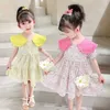 Girl's jurken 2 stks zomer geel bloemen kind kleine meisjes kleding casual midi jurk +tas kinderjurken voor tieners feest prinses sundress