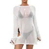 Women Beach Bikini Cover Up Dress Casual Long Sleeve Sheer See Through Tunic Blouse Swimsuit Bathing Suit