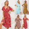 Casual Designer Women Dresses Summer Floral Print Boho Dress for Women Short Sleeve V Neck Big Swing A Line Midi Dress High Maisted Flowy Beach Sundress