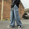 Erkek kot kargo kot pantolonlar çizmek bol gençler Japon retro denim pantolonlar hip hop tasarım büyük cepler yakışıklı ezikler unisex casual l49