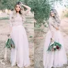 2021 Summer Beach Wedding Dresses White Two Pieces Lace Top Bohemian Bridal Gowns Juvel hals Halva ärmarna Tulle kjol utomhus9324168
