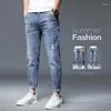Мужские джинсы высококачественные бренды летняя растяжка хлопчатобумажной лодыжки длины тонкая уличная одежда для джинсовой брюки корейские брюки.