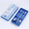 Chopsticks 1-5 st. Uppsättning av rött/blått/vitt/grönt porslin Tabelformat rostfritt stålsked för presentförpackning bärbar resa