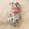 Dekens Geboren ontvangen Dekens Bow Headband Set Baby Infant Cotton Print Swaddle Wrap Swaddling Doek Towel Toddle Po Props