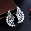 Dangle Earrings FXLRY High Quality Symmetrical Blue Cubic Zirconia Stone Geometric Big Pearl For Women Bridal Dress Jewelry