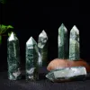 Naturliga kristaller Moss Agate Wands Healing Chakra Stones 6 Facetter Prisma Aquatic Agate Single Point Tower Home Decor