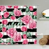 Duschvorhänge rosa Rose Pfingstrosen Blumen Schmetterling Vorhang Schwarz -Weiß -Streifen kreatives Design Badezimmer wasserdicht mit Haken