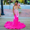 Sexy Fuchsia Prom Dresses For Black Girl Rhinestone Velvet Mermaid Party Gowns Sheer Neck vestidos de fiesta