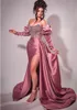 Sexy Side Slit Long Prom Dresses With Off Shoulder Long Sleeves Crystal Beaded Dusty Pink Evening Gown For Women 2024 Birthday Party Special Occasion Dress