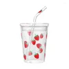 Wine Glasses Creative Strawberry Pattern Little Diasy Water Cup With Matched Straws 300ml 350ml For Cold Drinks Ins 2024