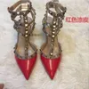 High Vvalen Straps Pump Designer Pointed Heel Stud Leather Version Shoes v Family Rivet Heels Sandals Women Thin 459D