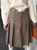 Etekler vintage siyah pileli pu etek kadınlar için yüksek bel çift cep deri sonbahar koyu kahverengi giysiler x665