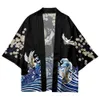 Flewing Flower Crane Wave imprimé cardigan noir surdimensionné Haori Women Men Harajuku Kimono Cosplay Blouse Yukata Clothing