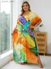 Grundläggande avslappnade klänningar 2024 Summer Plus Size Bohemian Print V Neck Batwing Sleeve Loose Kaftan Dress African Women Beachwear Swimsuit Cover Up Q1577 L49