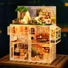 DIY trä dollhus miniatyr kit med möbler flickor sovrum kafé casa dollhouse leksaker för vuxna födelsedagspresent