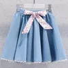 Flickor koreansk stil veckade kjolar sommar barn denim kaka mini kjolar elastiska midja barn pettiskirt 11 12 år